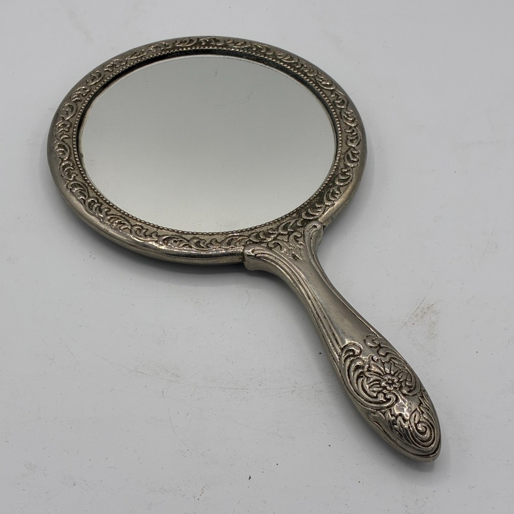 Vintage Hand Mirror Silver Tone Ornate Embossed Floral Victorian Style Vanity